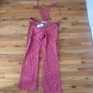 Namilia Pink Monogram Denim Low Cut Lace Up Pants Jean NWT Large